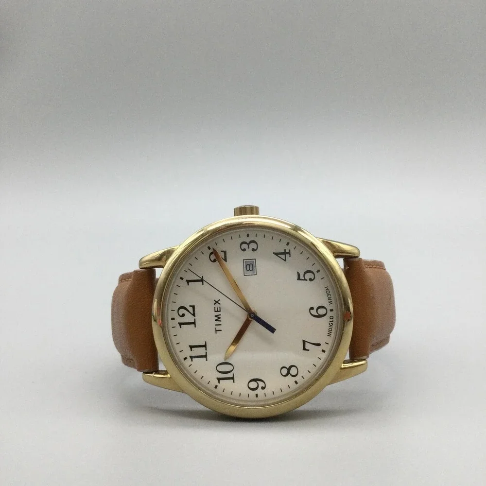 Timex Mens Watch 38mm Gold Tone Brown Leather Band Indiglo Date TW2R62700